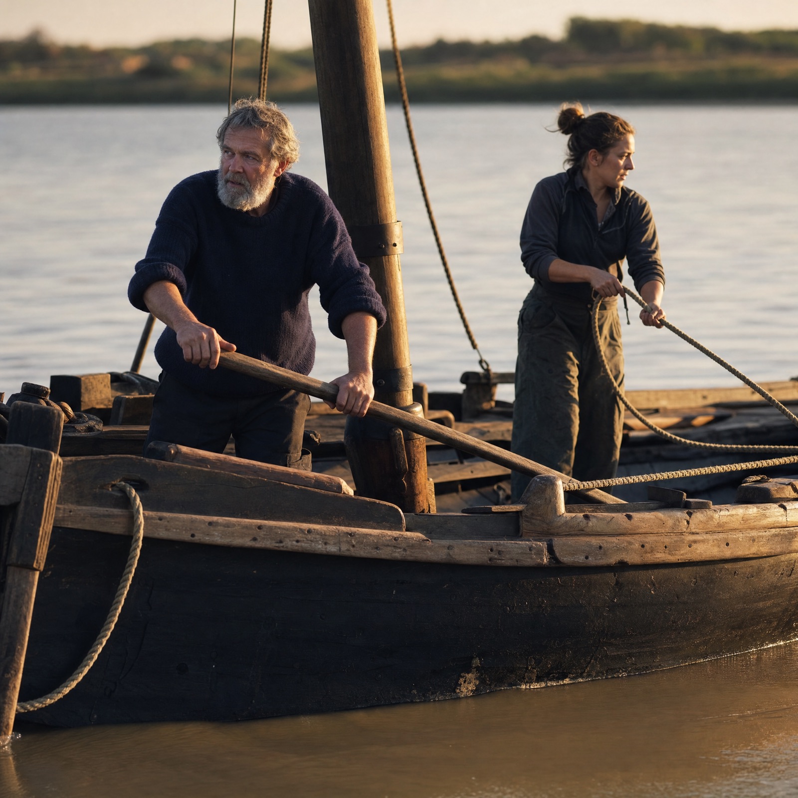 Deux anciens mariniers sur une gabare traditionnelle au port de Pauillac, au coucher du soleil sur la Gironde